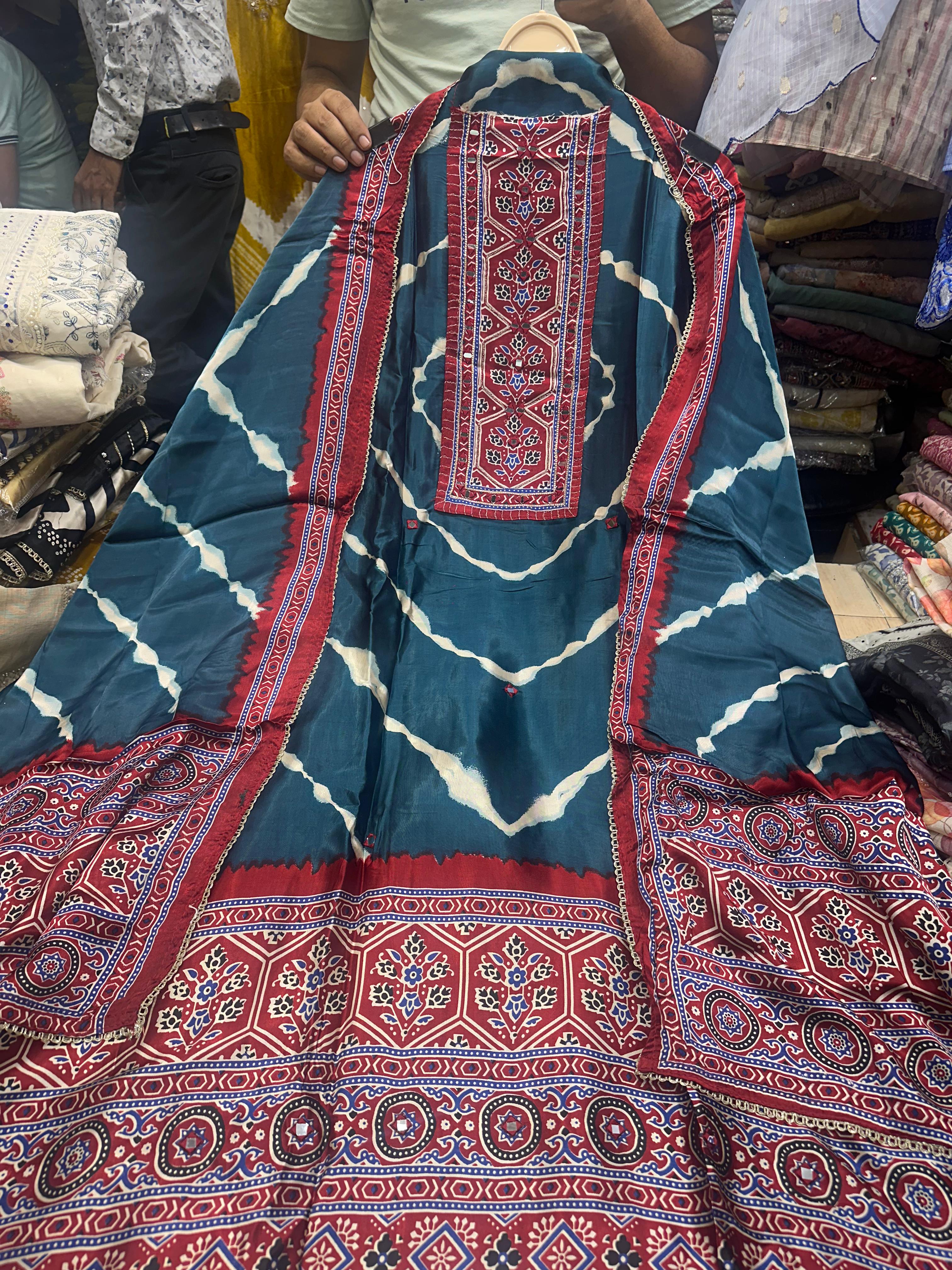 Royal Teal Gajji Silk Bandhani Suit Set