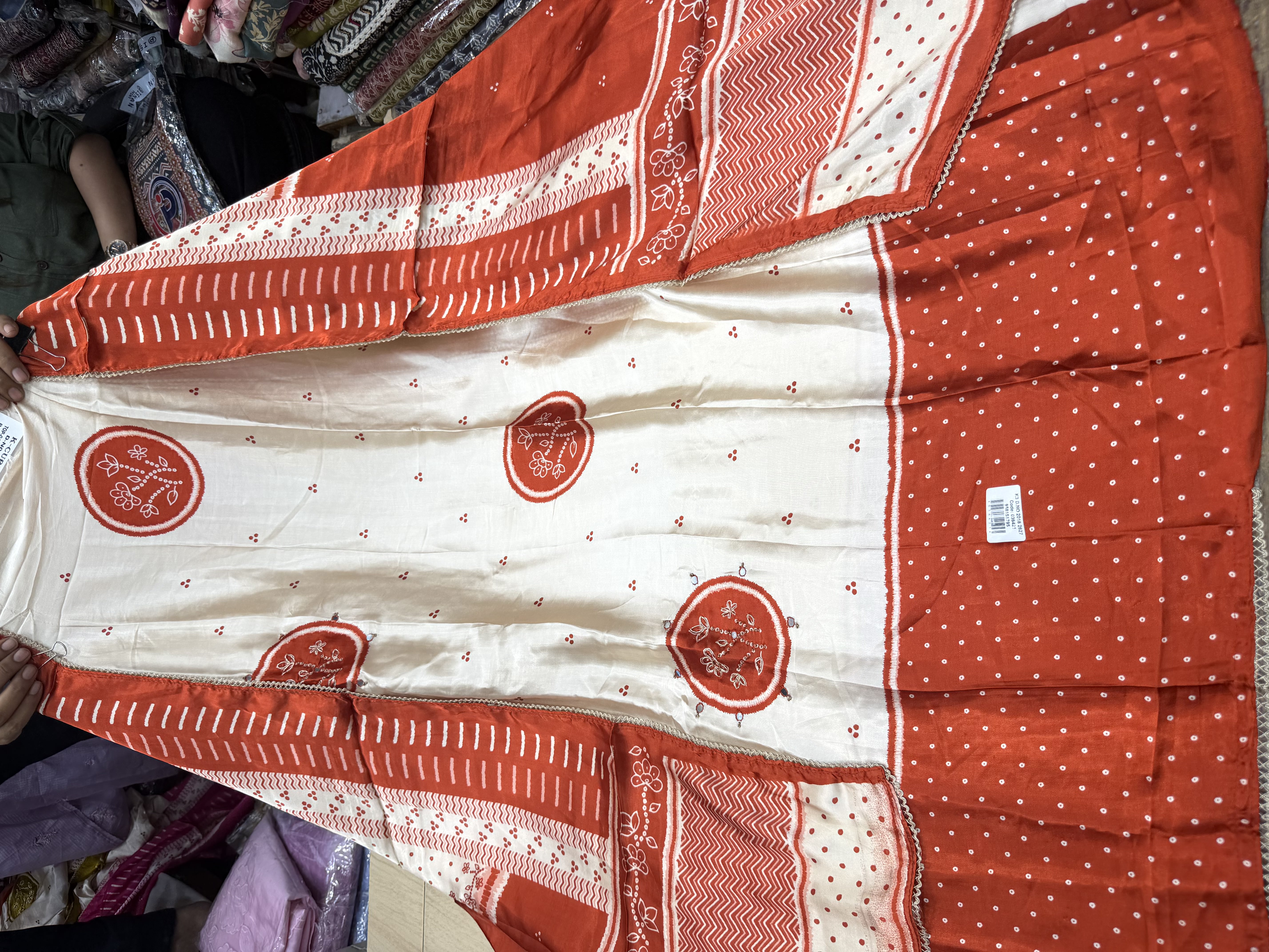 Rust Orange & Ivory Gajji Silk Bandhani Suit Set with Floral Motifs