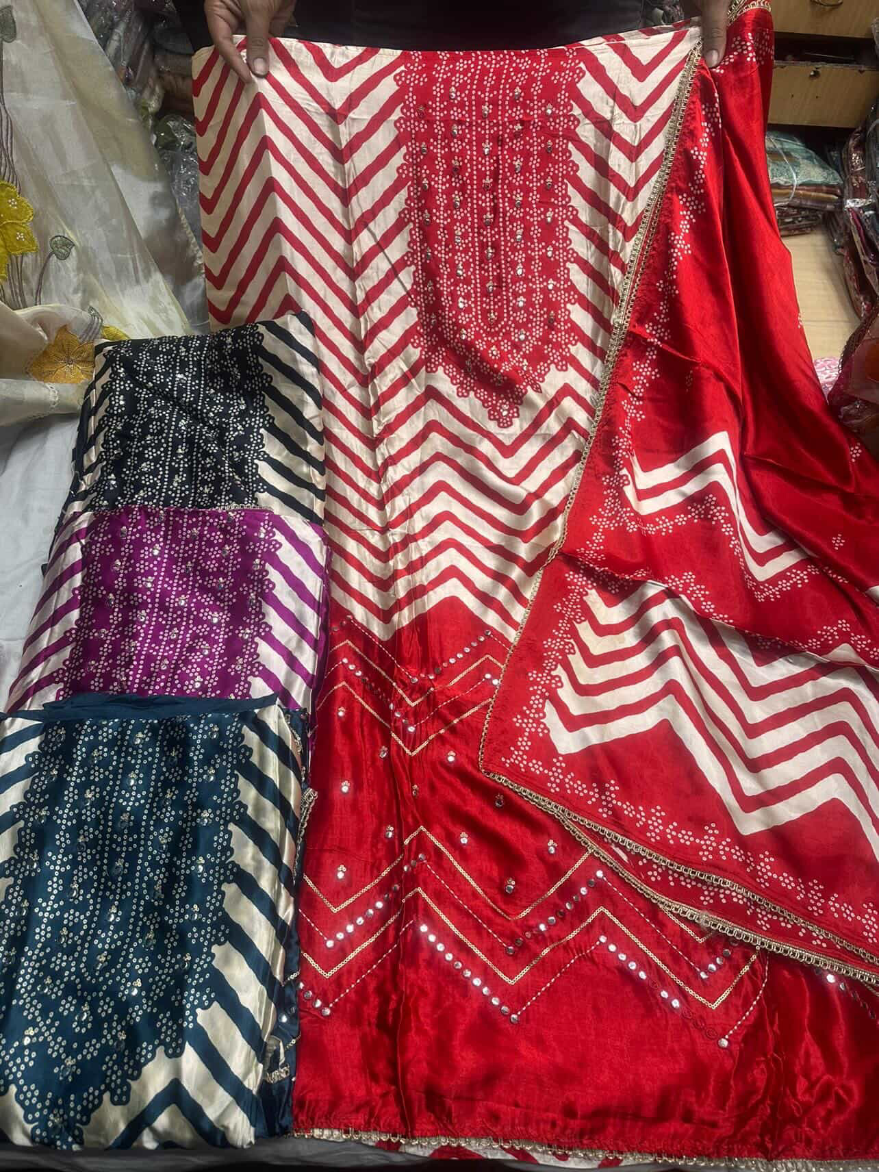 Ruby Red Premium Gajji Silk Printed Suit Set with Mirror Work Dupatta