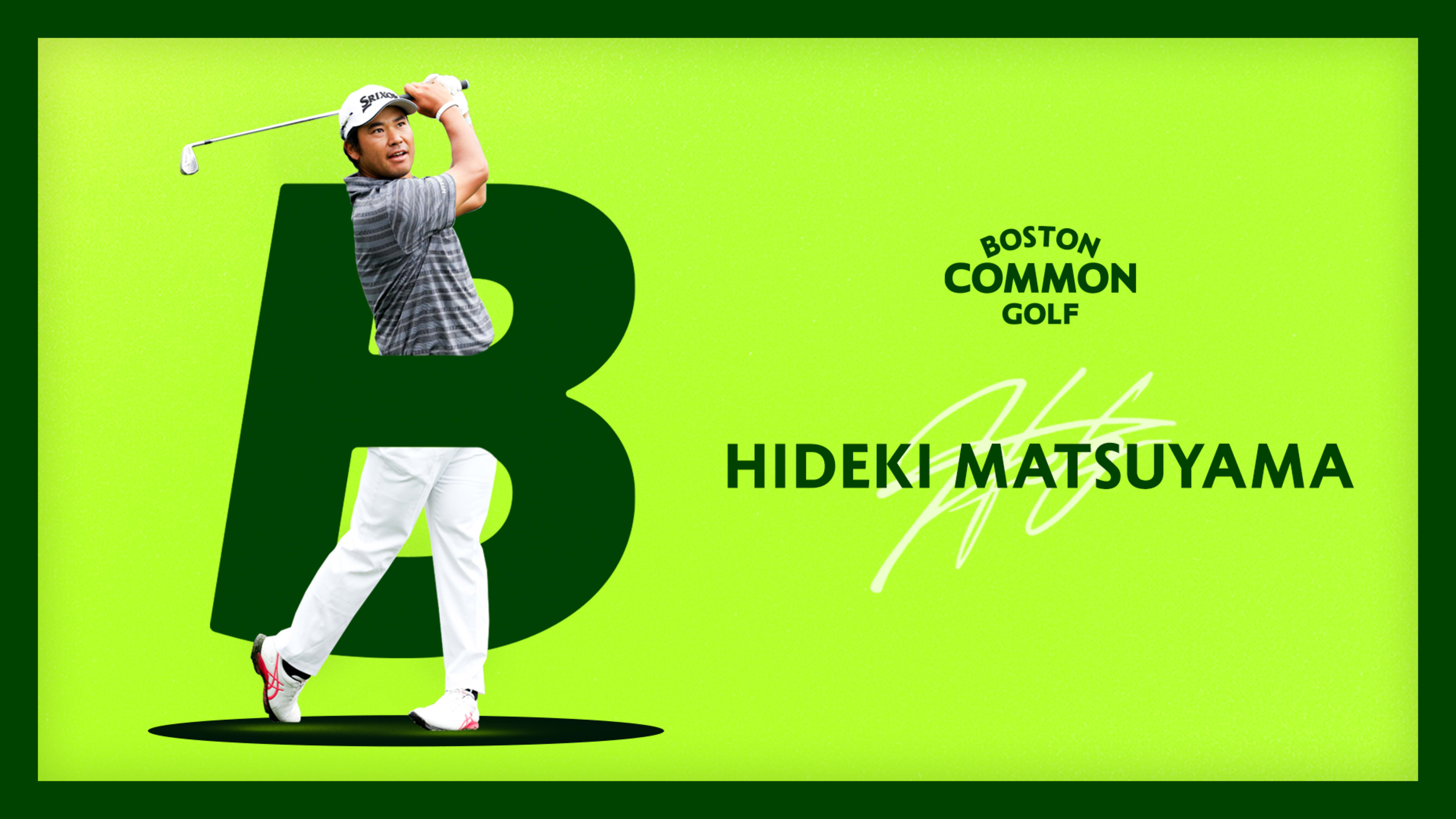 Hideki Matsuyama taking a golf shot on a green Boston Common Golf background