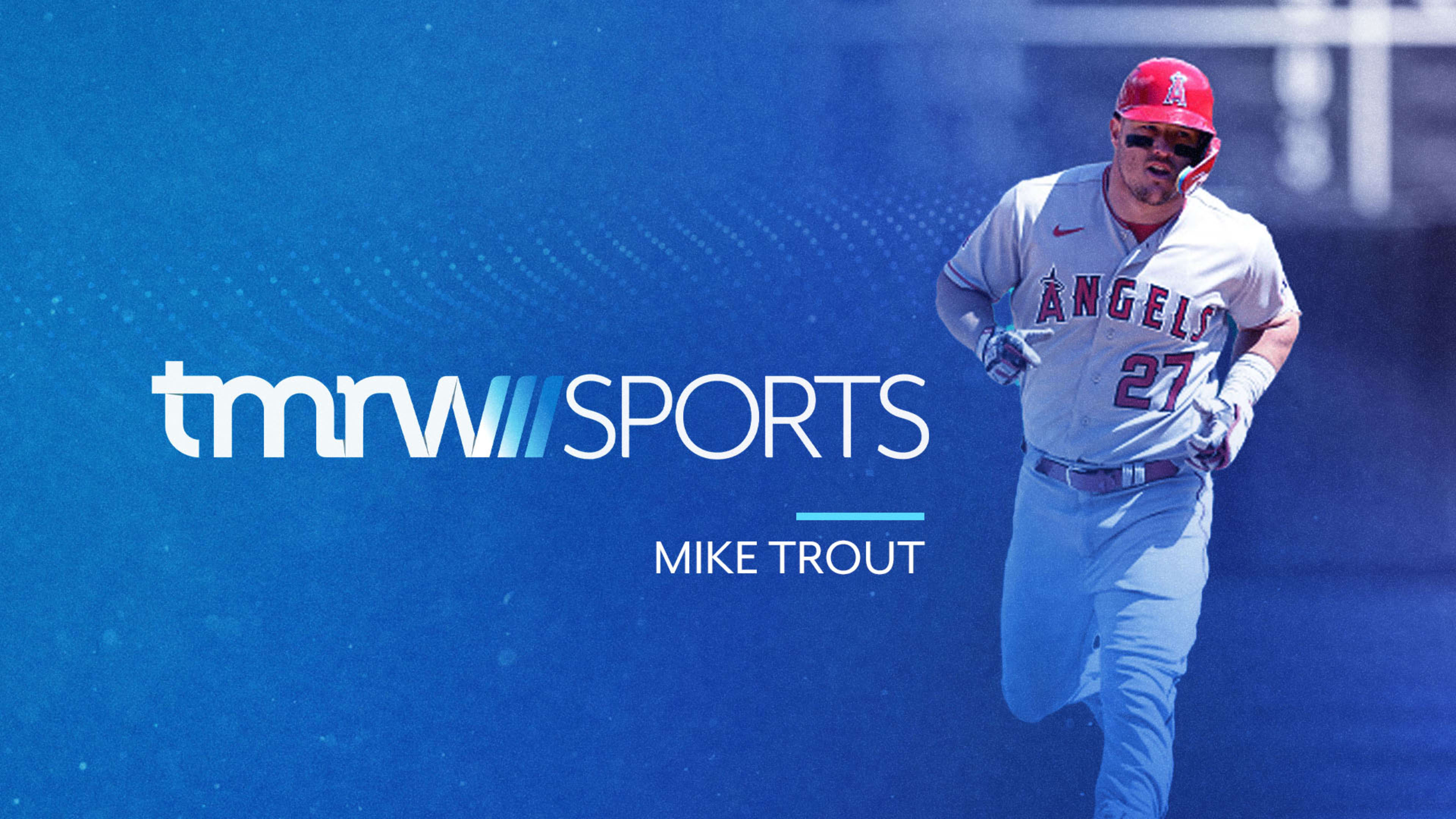 A graphic with a blue background that includes the TMRW Sports logo and Mike Trout in an Angels uniform.