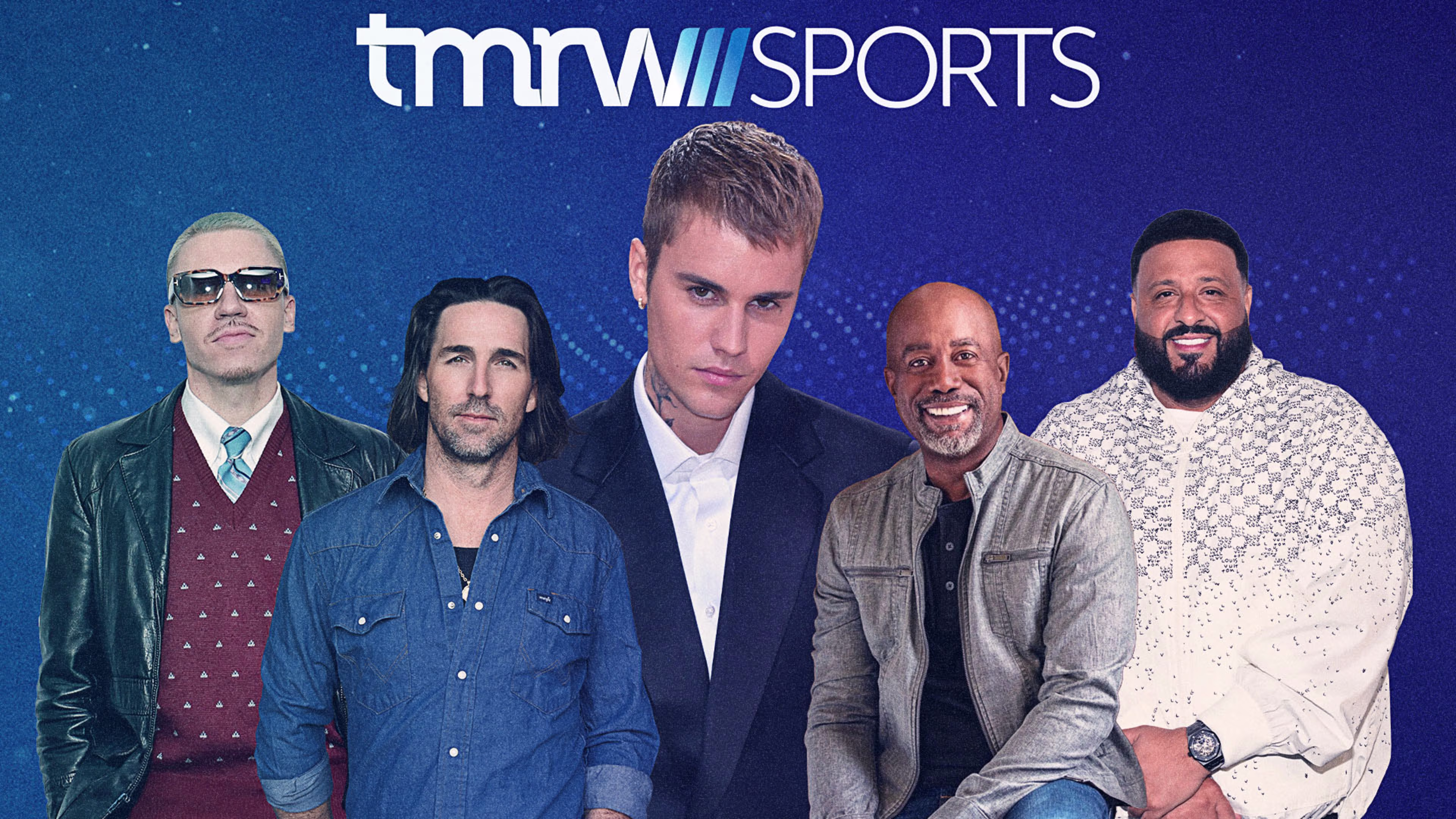 A graphic on a blue background that includes cutout images of Justin Bieber, DJ Khaled, Macklemore, Jake Owen and Darius Rucker