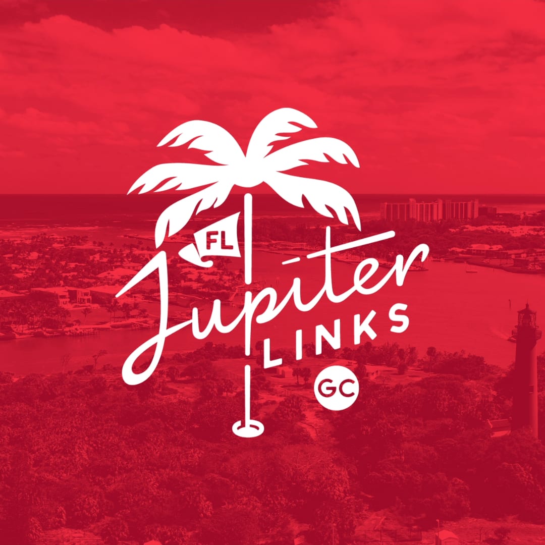 The Jupiter Links logo with palm tree in white text on a red background with the outline of the city of Jupiter in the background