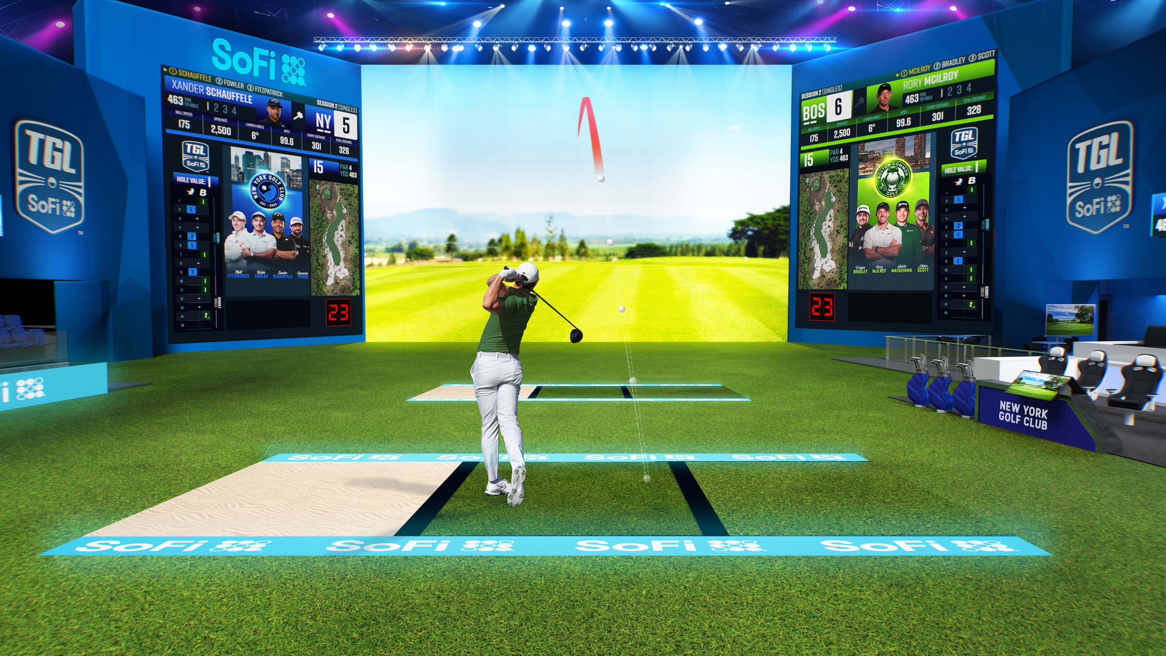 A rendering of the view from behind the back tee box inside SoFi Center as a shot tracer is visible on the screen