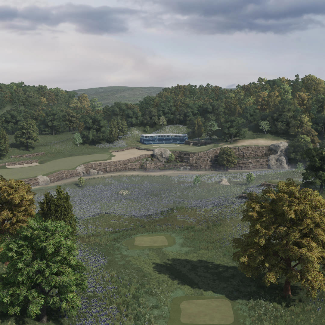 Aerial view of Bluebonnet from behind the green and overlooking the tree-lined fairway