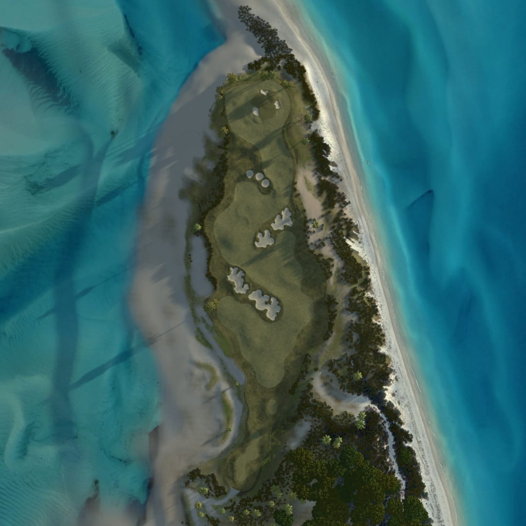 An overhead view of The Plank, an island hole that runs around 380 yards as a par 4