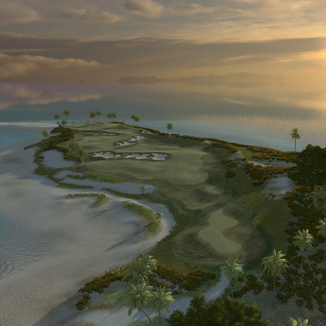 A view from above showing Plank from tee to green. 