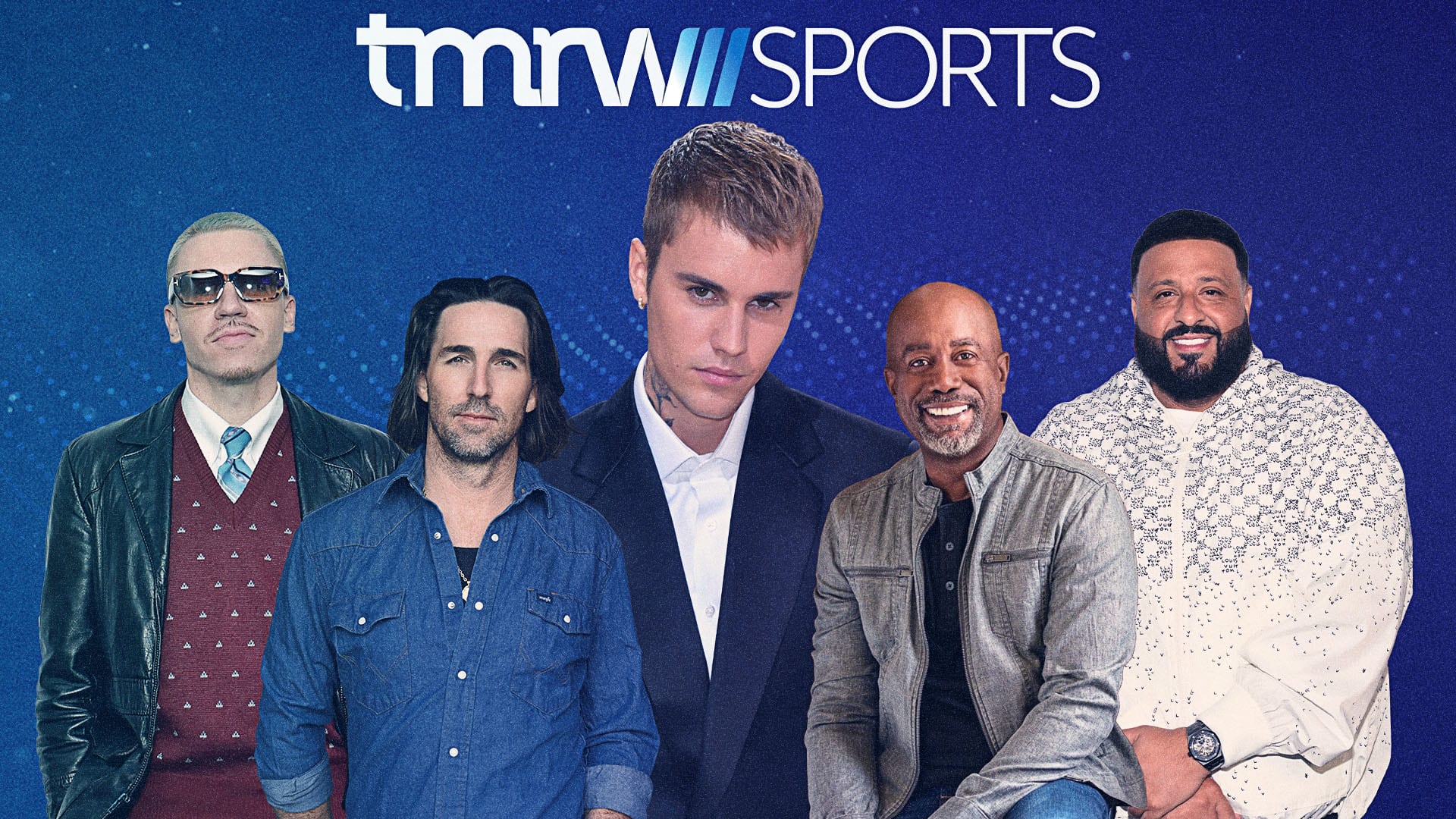 A graphic on a blue background that includes cutout images of Justin Bieber, DJ Khaled, Macklemore, Jake Owen and Darius Rucker