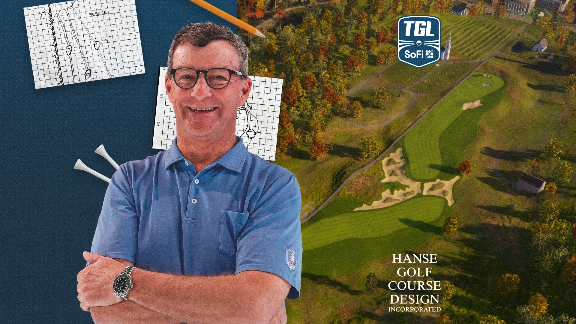 An image of Gil Hanse standing with arms folded with an overhead view backdrop of his new TGL hole, Stone & Steeple, and a couple of hand-drawn sketches of the hole design.