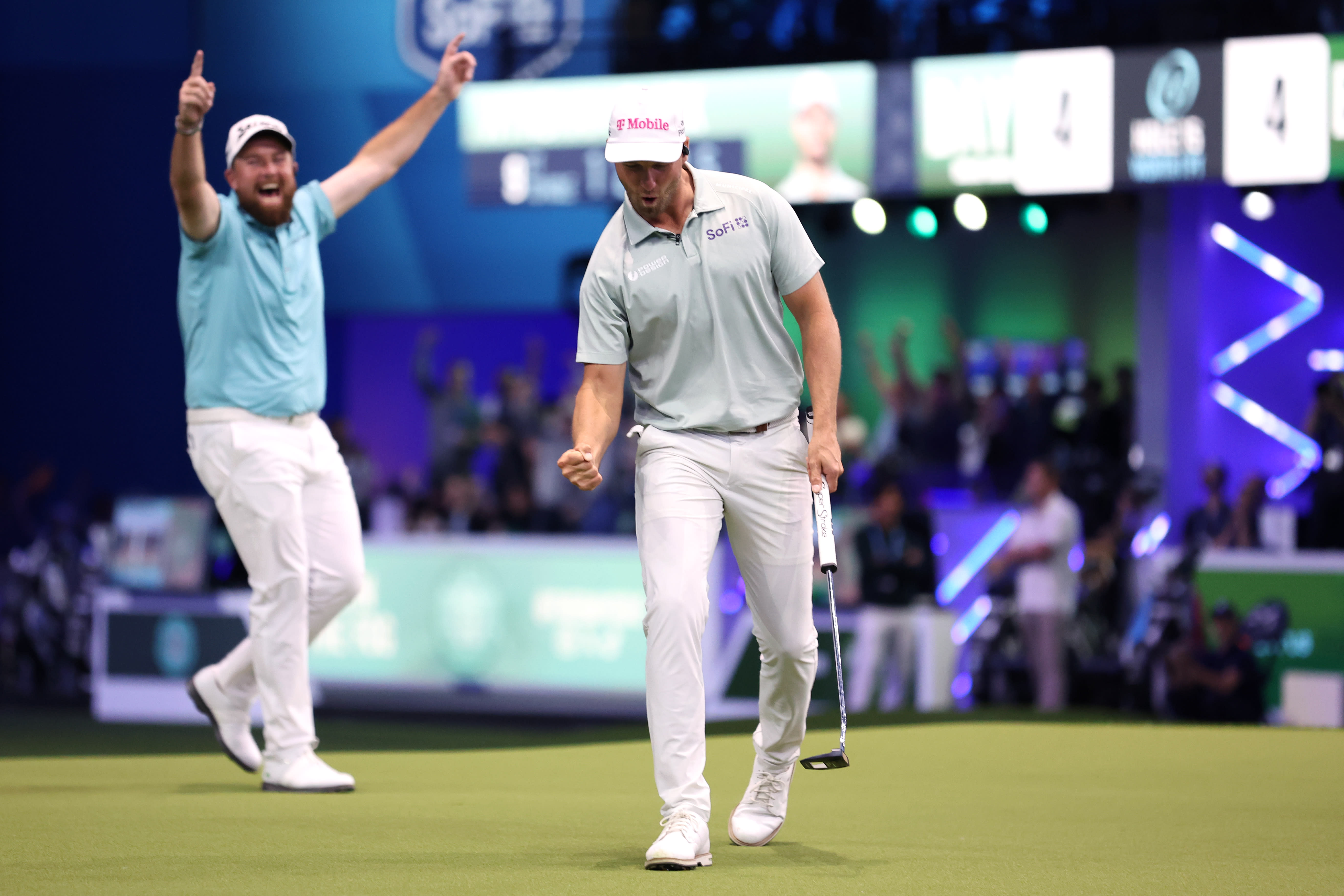 PALM BEACH GARDENS, FLORIDA - FEBRUARY 17: Wyndham Clark of The Bay Golf Club reacts after making a putt on the 15th hole during their TGL presented by SoFi match against Boston Common Golf at SoFi Center on February 17, 2025 in Palm Beach Gardens, Florida. (Photo by Megan Briggs/TGL/TGL via Getty Images)