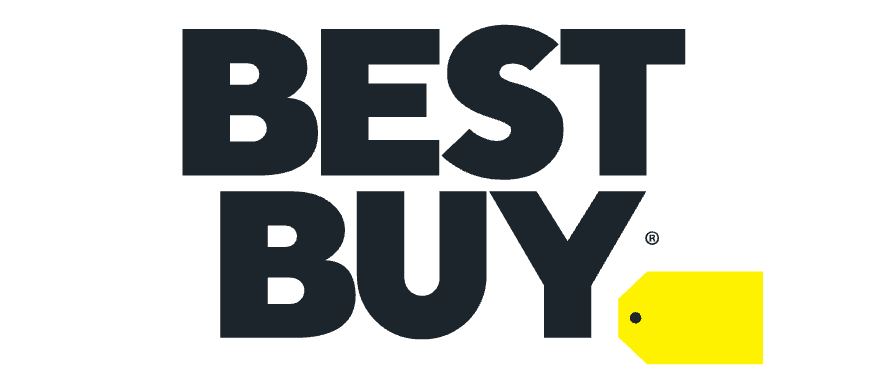 Best Buy logo in dark text with a yellow sticker ticket on the bottom right