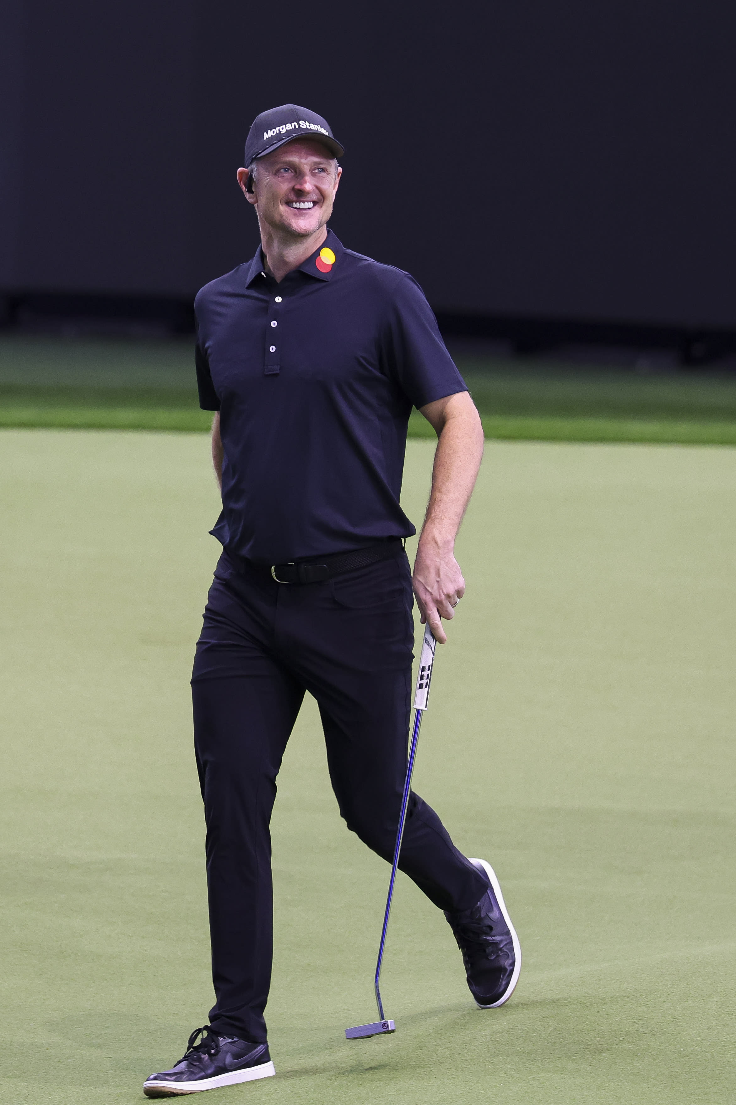 PALM BEACH GARDENS, FLORIDA - FEBRUARY 04: Justin Rose of Los Angeles Golf Club looks over a putt on the first hole during their TGL presented by SoFi match against Boston Common Golf at SoFi Center on February 04, 2025 in Palm Beach Gardens, Florida. (Photo by Brennan Asplen/TGL/TGL via Getty Images)
