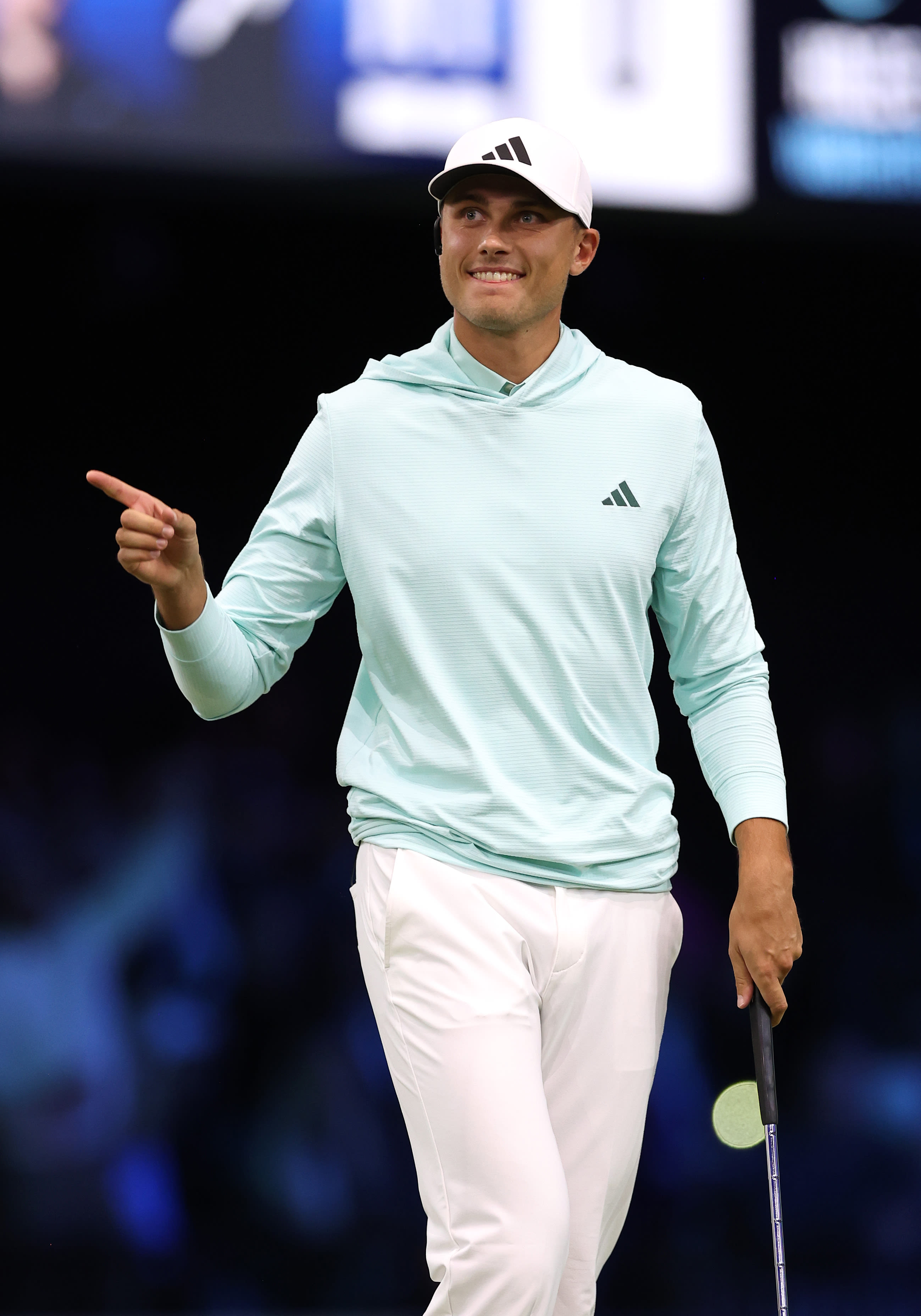 PALM BEACH GARDENS, FLORIDA - JANUARY 07: Ludvig Aberg of The Bay Golf Club reacts on the fifth green during their TGL presented by SoFi match against the New York Golf Club at SoFi Center on January 07, 2025 in Palm Beach Gardens, Florida. (Photo by Brennan Asplen/TGL/TGL Golf via Getty Images)