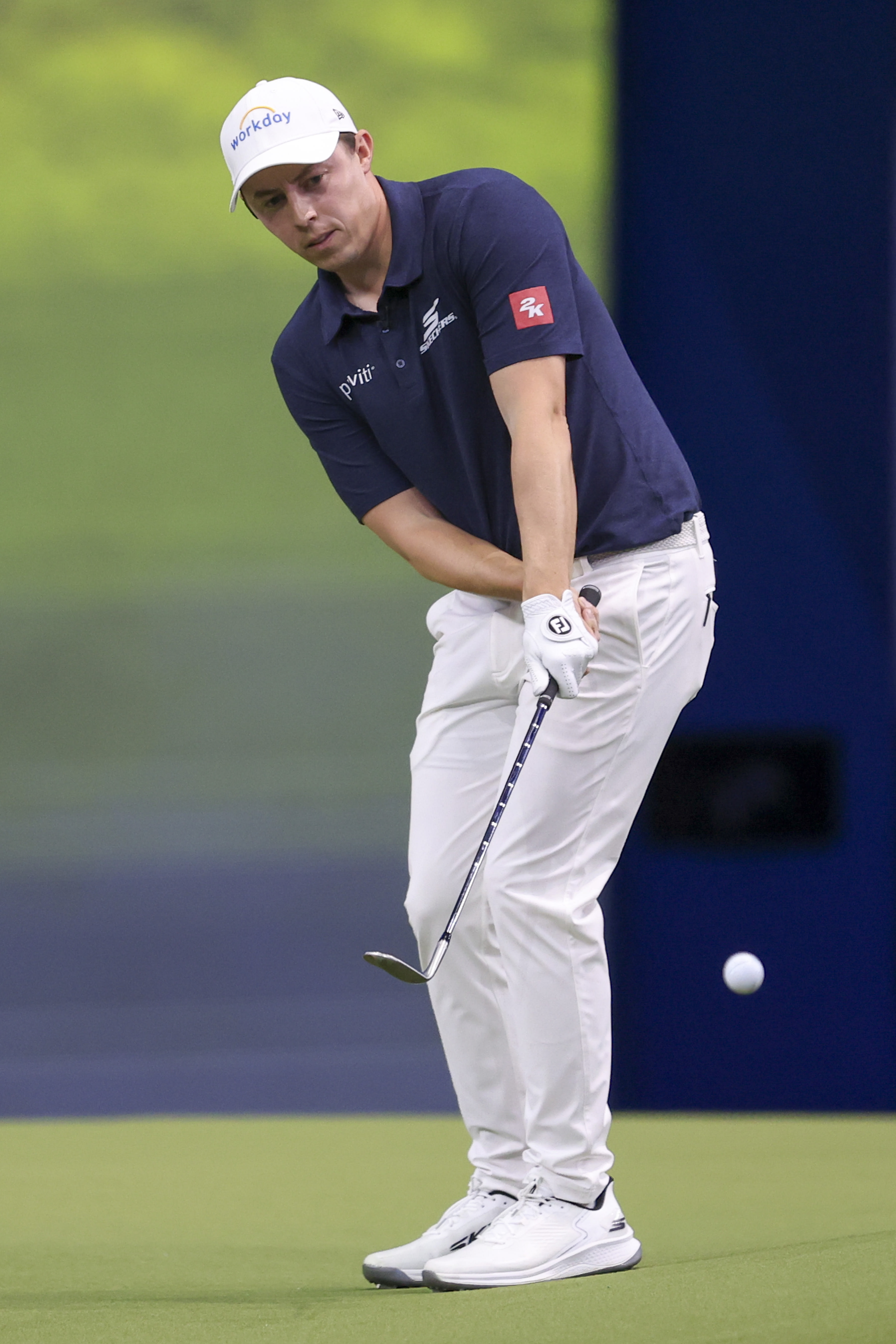 PALM BEACH GARDENS, FLORIDA - JANUARY 21: Matt Fitzpatrick of New York Golf Club hits a chip shot on the sixth hole during their TGL presented by SoFi match at SoFi Center on January 21, 2025 in Palm Beach Gardens, Florida. (Photo by Megan Briggs/TGL/TGL via Getty Images)