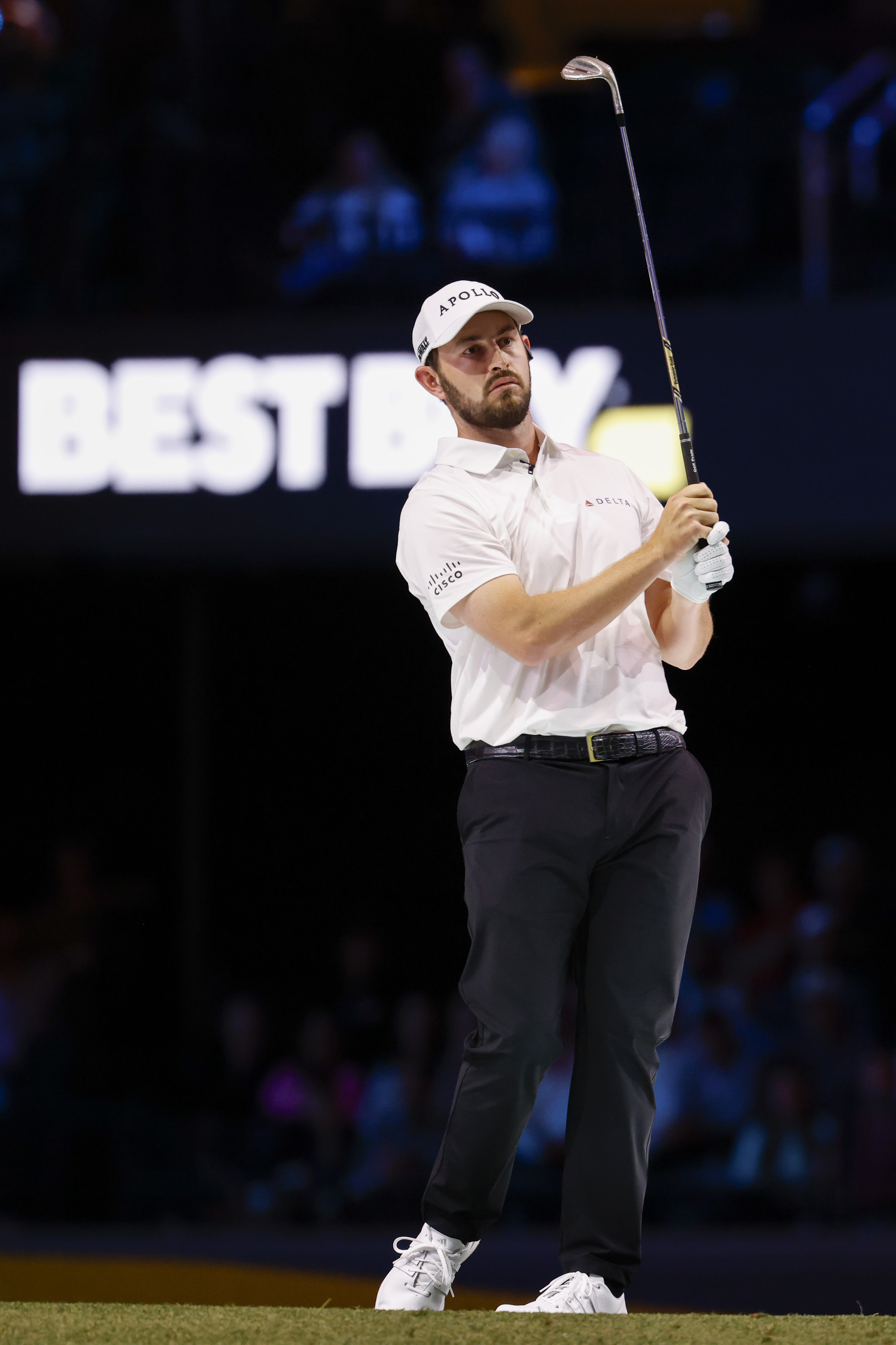 PALM BEACH GARDENS, FLORIDA - JANUARY 21: Patrick Cantlay of Atlanta Drive GC plays a shot during their TGL presented by SoFi match at SoFi Center on January 21, 2025 in Palm Beach Gardens, Florida. (Photo by Cliff Hawkins/TGL/TGL Golf via Getty Images)
