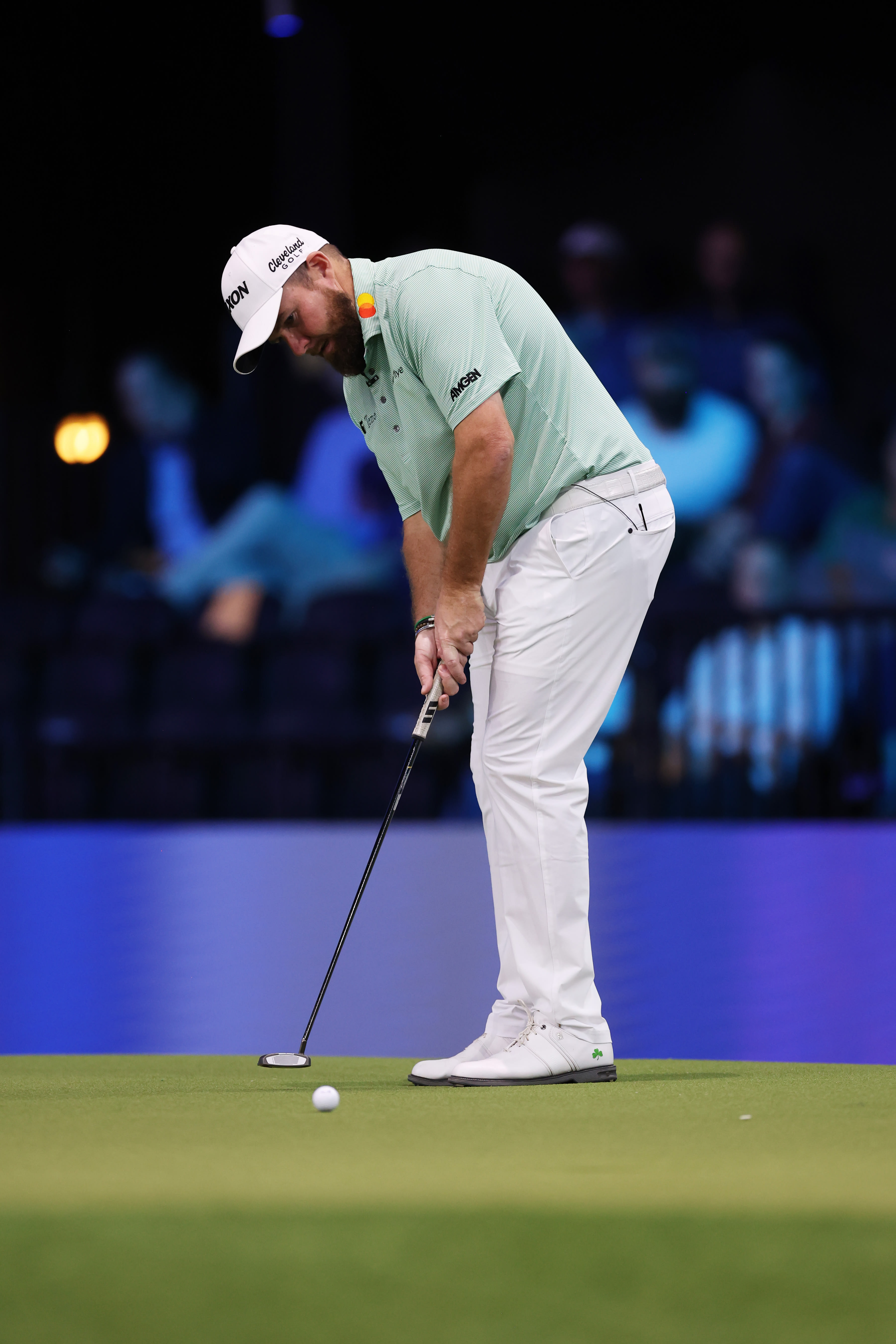 PALM BEACH GARDENS, FLORIDA - JANUARY 07: Shane Lowry of The Bay Golf Club laughs on the ninth hole during their TGL presented by SoFi match against the New York Golf Club at SoFi Center on January 07, 2025 in Palm Beach Gardens, Florida. (Photo by Brennan Asplen/TGL/TGL Golf via Getty Images)