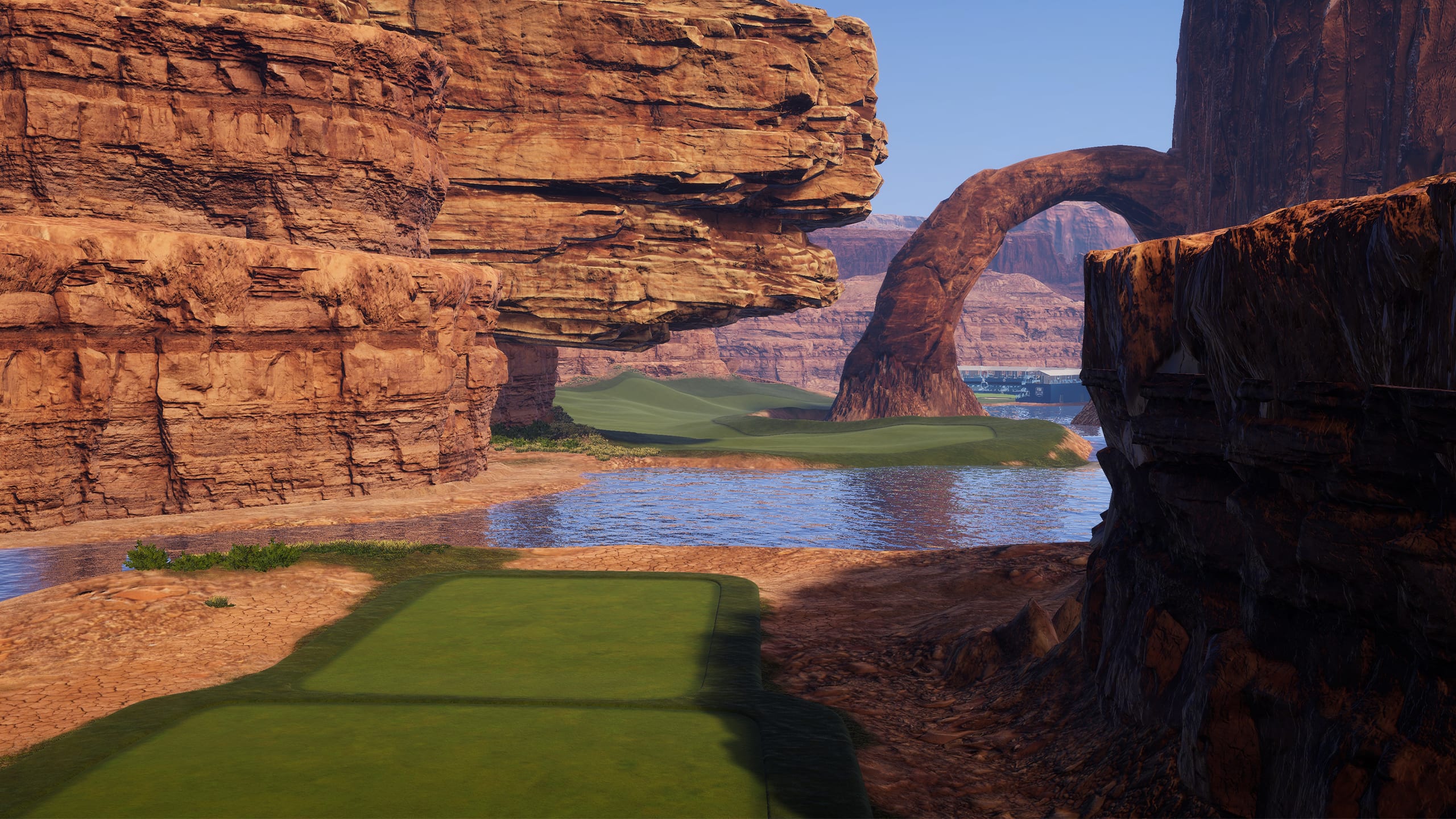 A view from the tee box on Stinger, with the rock formation visible directly in front where players will take the shot.
