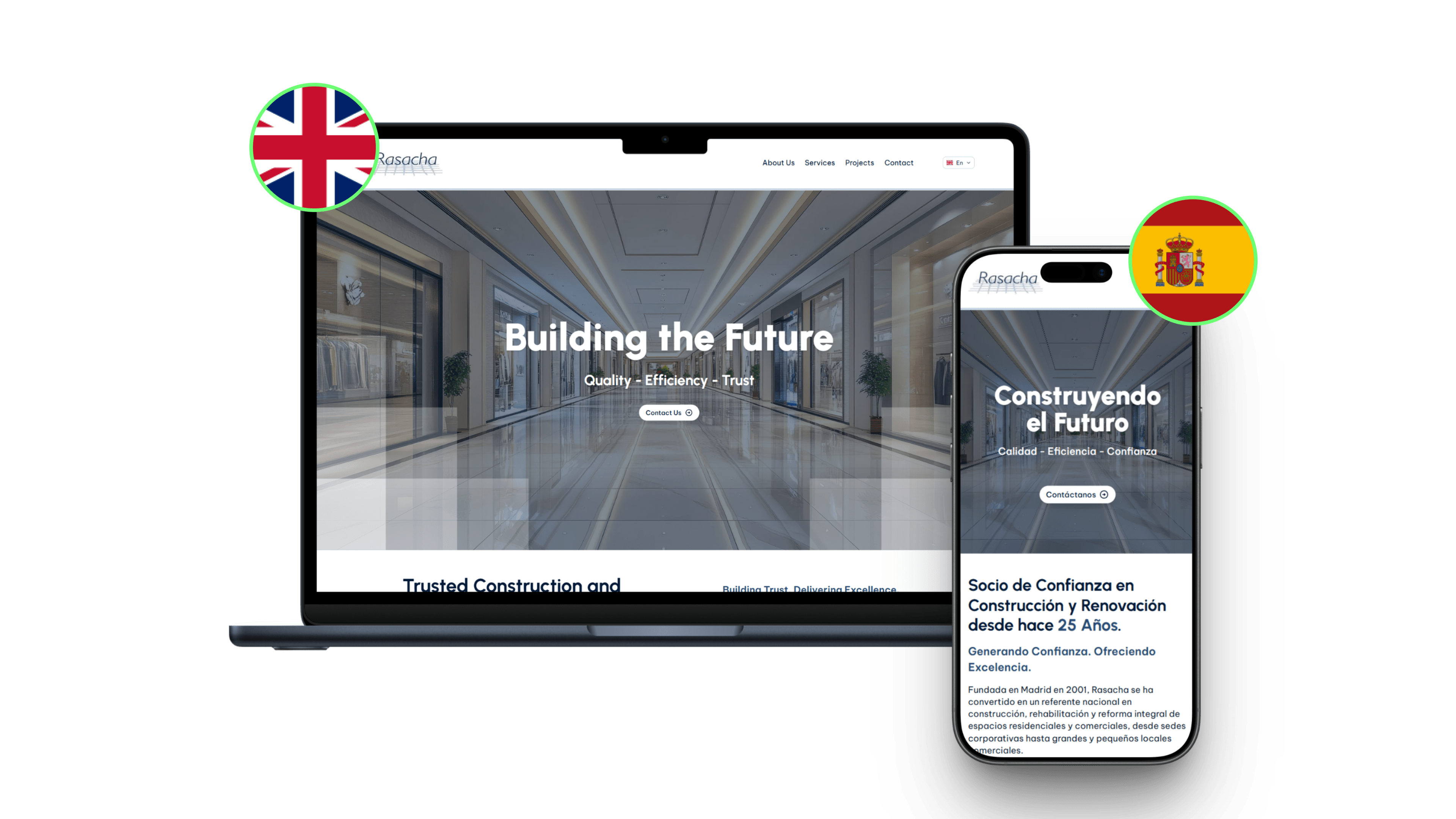 Website da Rasacha adaptado a dispositivos móveis e desktop