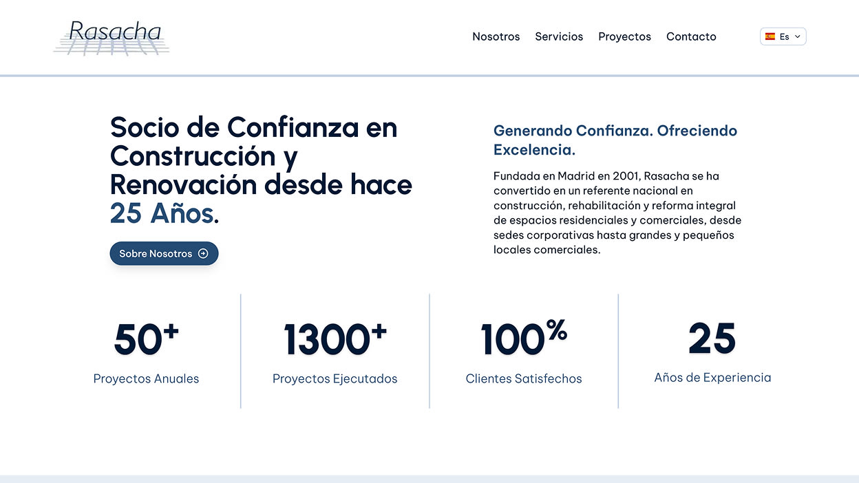 Interface do website da Rasacha com foco em serviços de construção