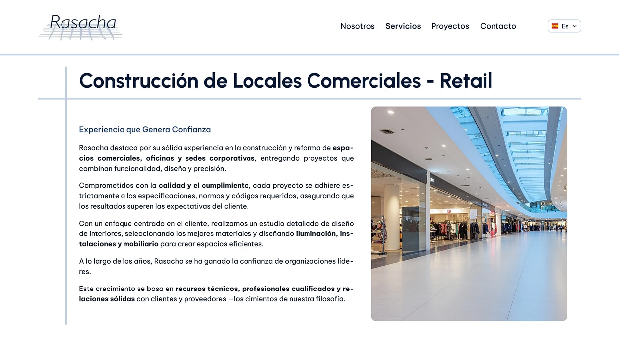 Interface do website da Rasacha com foco em serviços de construção