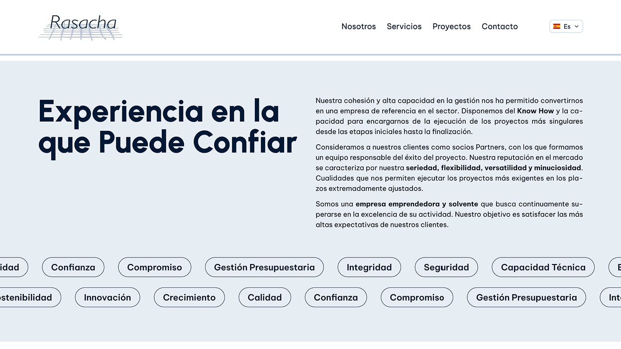 Interface do website da Rasacha com foco em serviços de construção