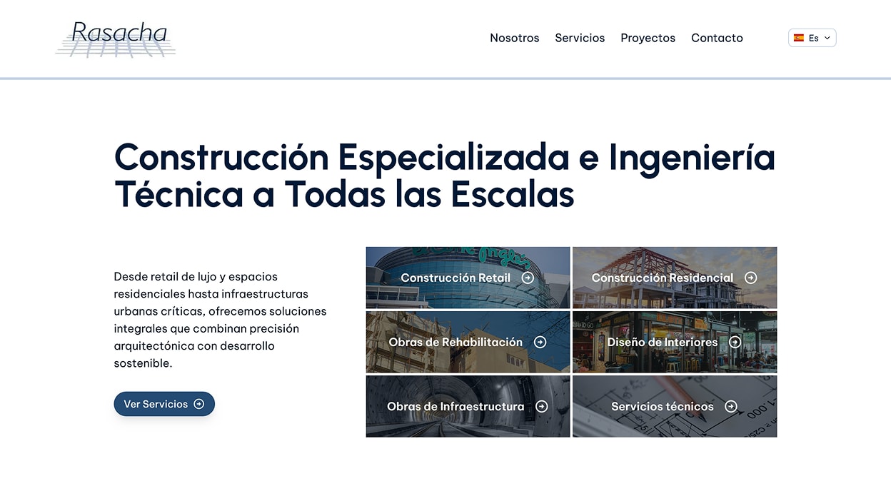 Interface do website da Rasacha com foco em serviços de construção
