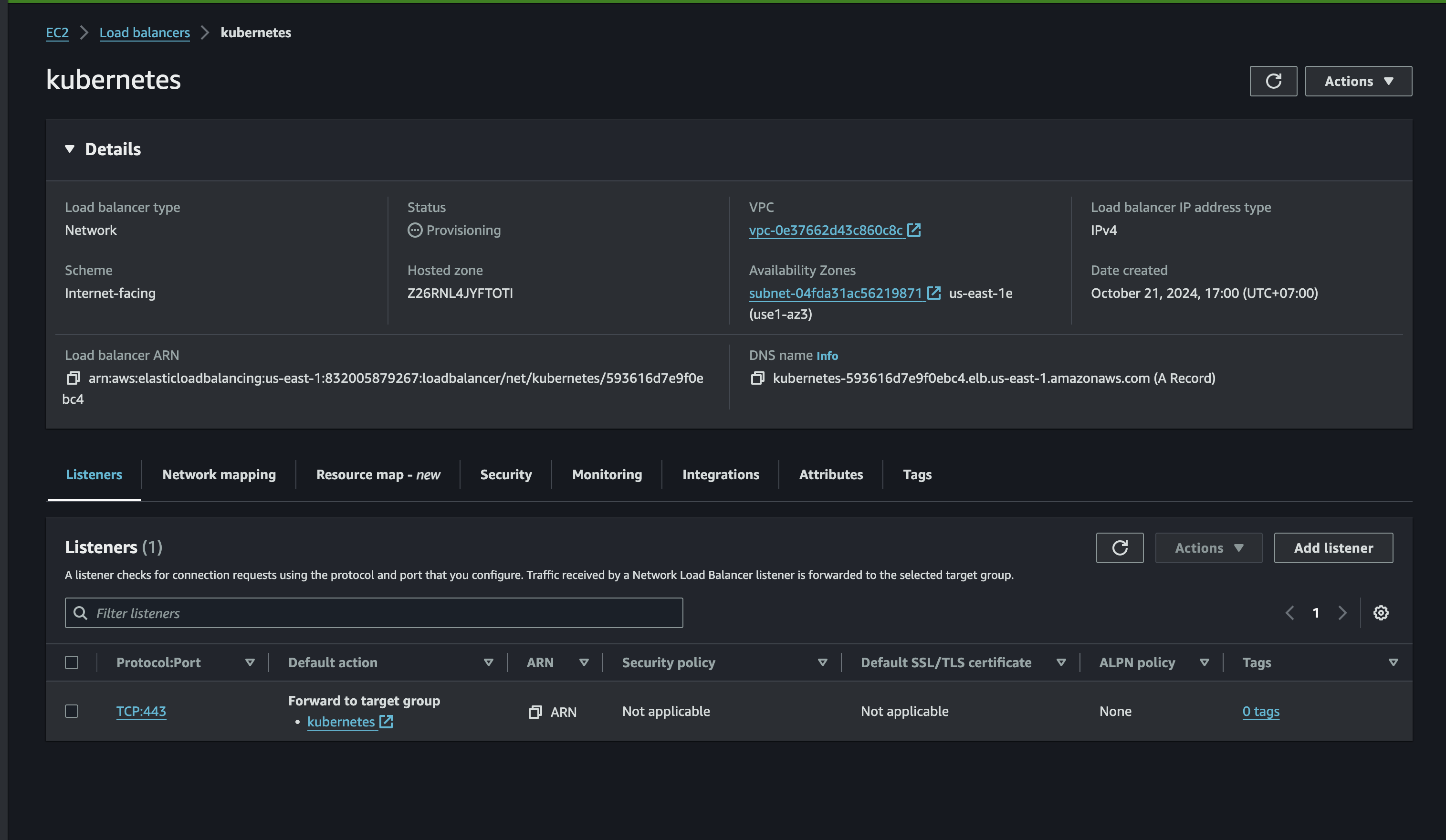 https://us-east-1.console.aws.amazon.com/ec2/home?region=us-east-1#LoadBalancer=arn:aws:elasticloadbalancing:us-east-1:832005879267/net/kubernetes/593616d7e9f0ebc4;tab=listeners
