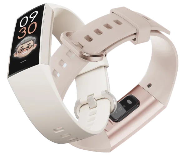 A smart fitness band displays 09:30 with an animated face. It has a curved screen, beige strap, and metal clasp, and shows a sensor on the underside.
