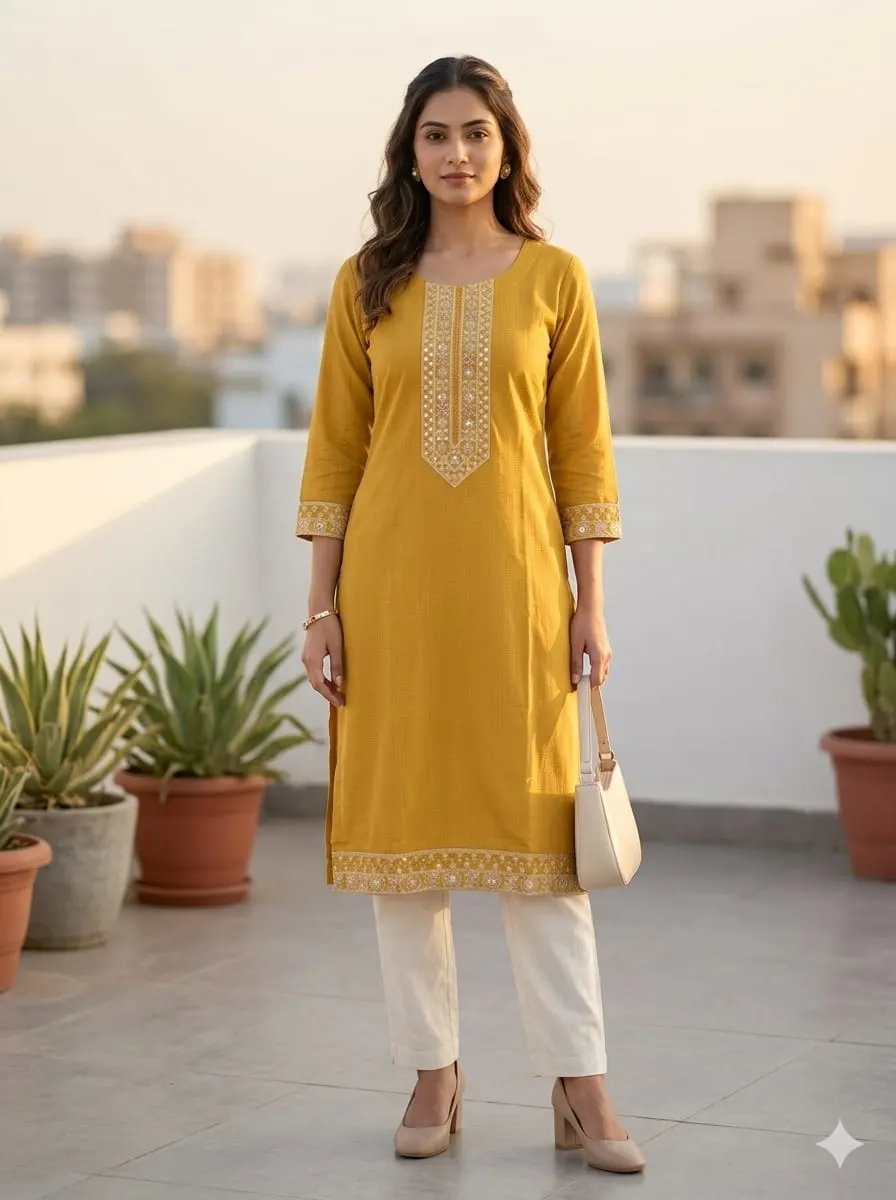 Elegant Mustard Yellow Embroidered Cotton Straight Kurti