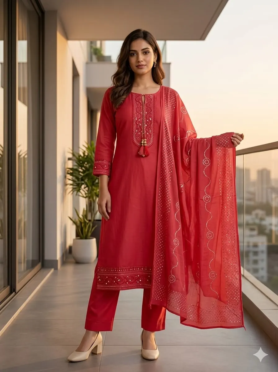 Coral Red Chanderi Kurta with Straight Pants & Embellished Dupatta Set
