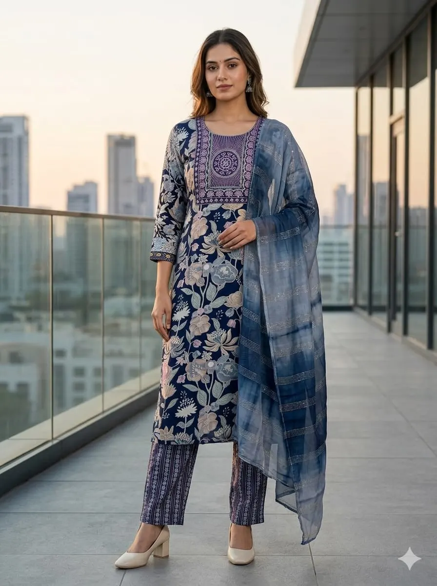Indigo Floral Kalamkari Kurta with Printed Pants & Shibori Dupatta Set