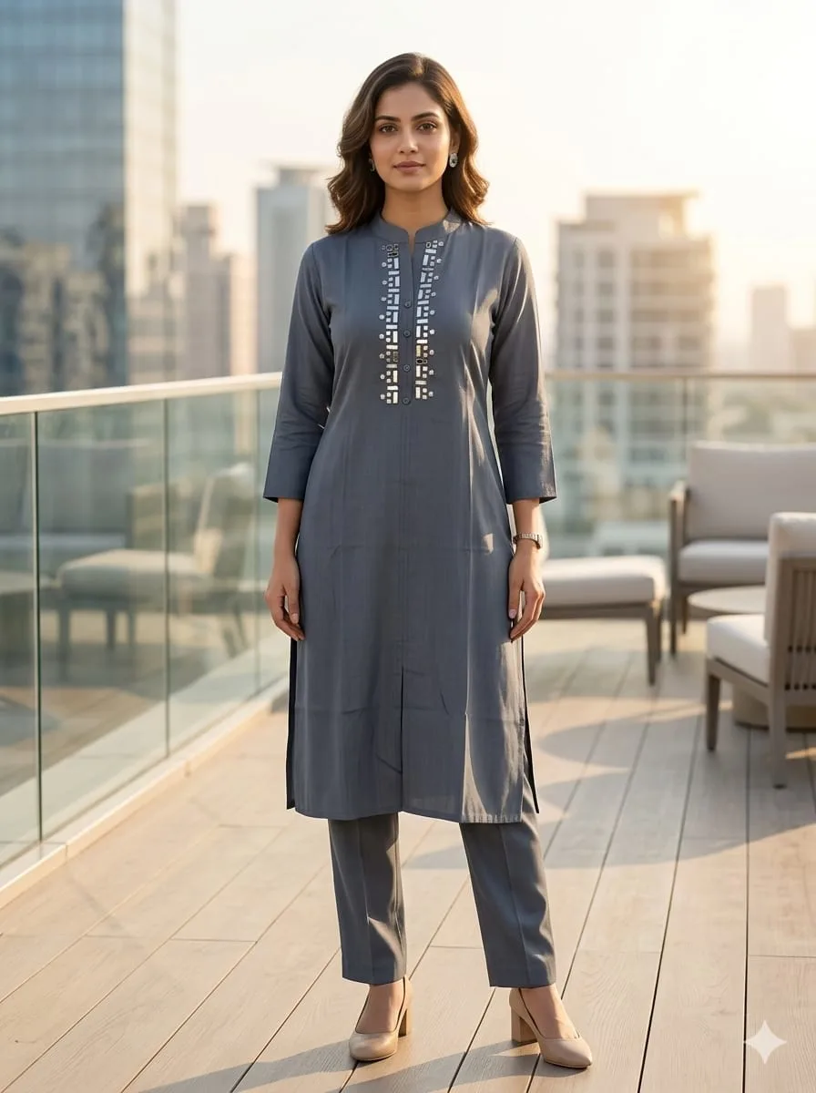 Slate Grey Solid Kurta with Tailored Trousers Set