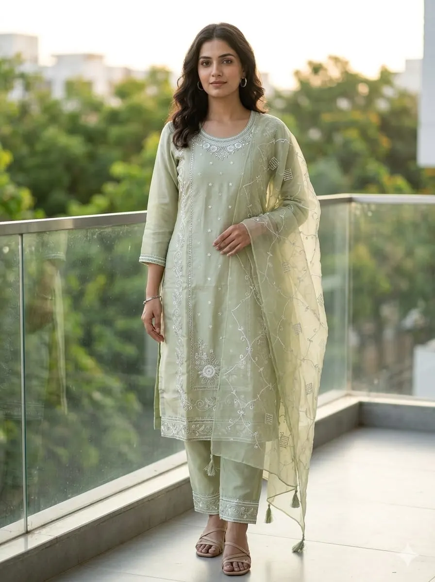 Pastel Sage Green Embroidered Kurta with Trousers & Organza Dupatta Set