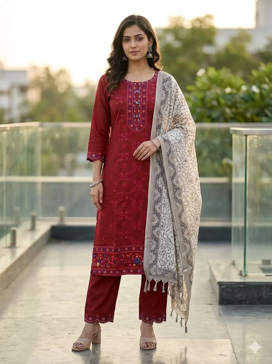 Maroon Embroidered Cotton Silk Kurta with Trousers & Kalamkari Dupatta Set