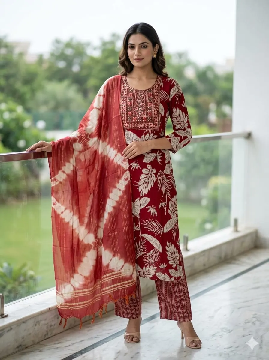 Maroon Foliage Print Kurta with Striped Pants & Shibori Dupatta Set