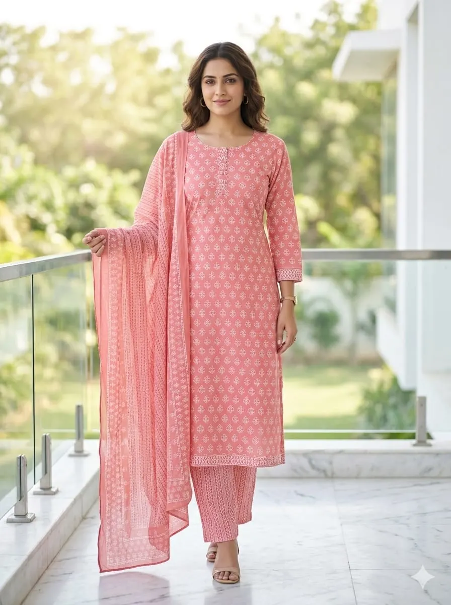 Peach Pink Geometric Jaal Print Kurta with Pants & Dupatta Set