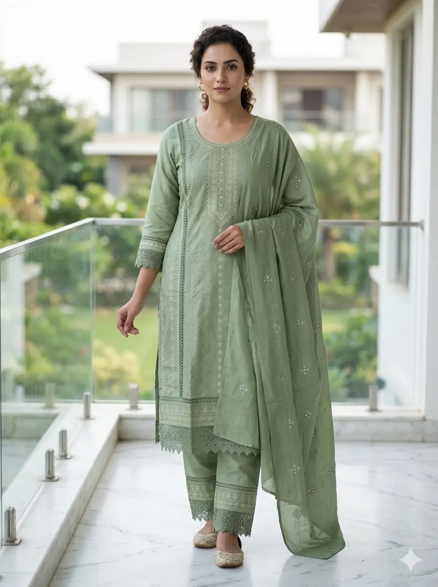 Sage Grace: Embroidered Chanderi Kurti Set with Lace Work