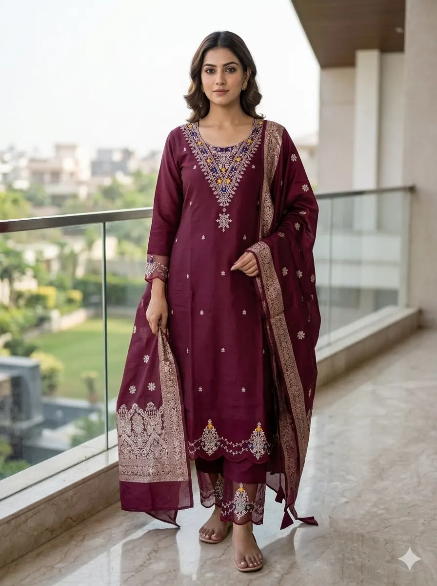 Plum Royalty: Embroidered Silk Chanderi Kurti Set with Organza Trims