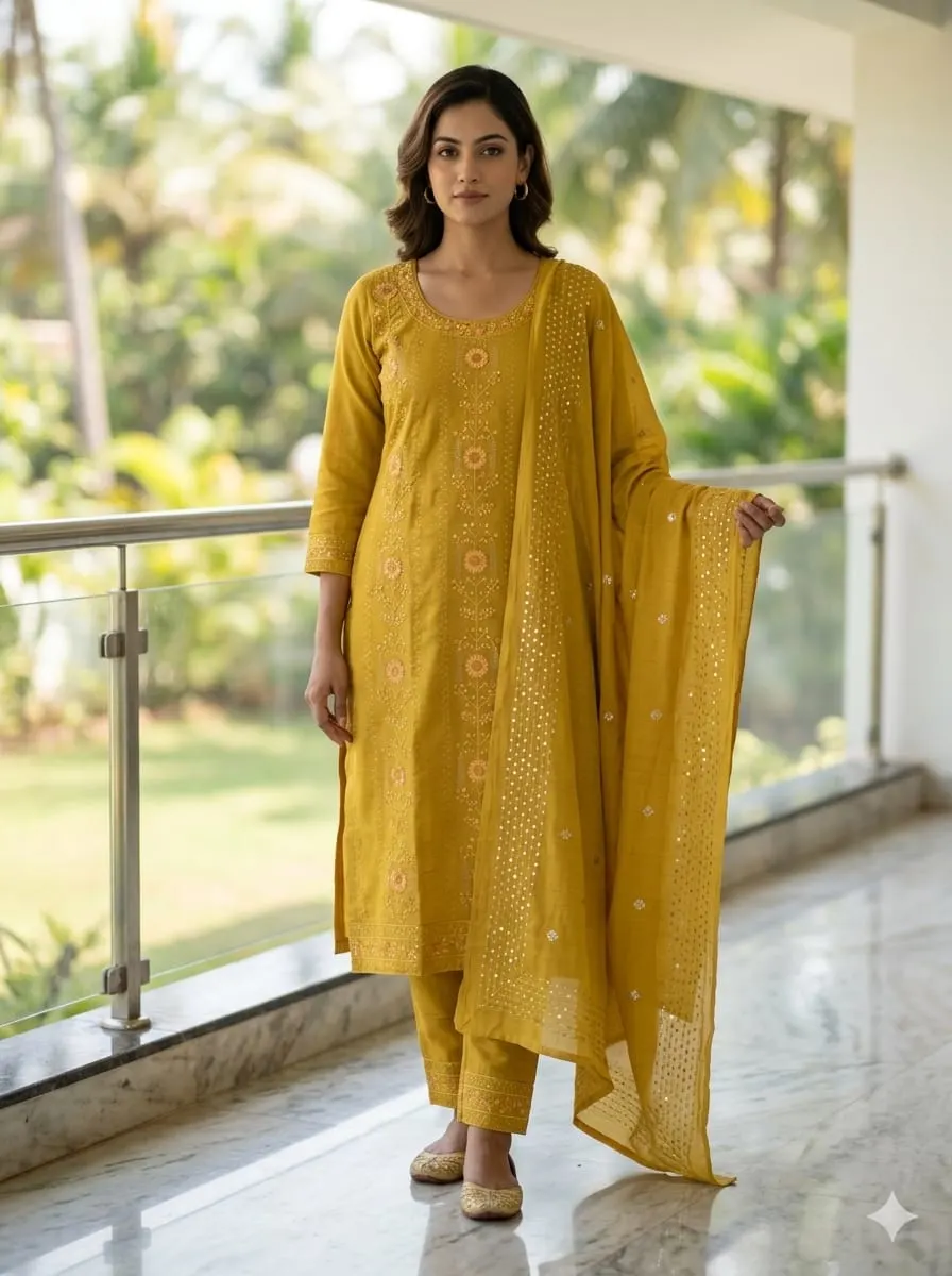 Mustard Glow: Floral Embroidered Slub Silk Kurti Set with Sequin Dupatta