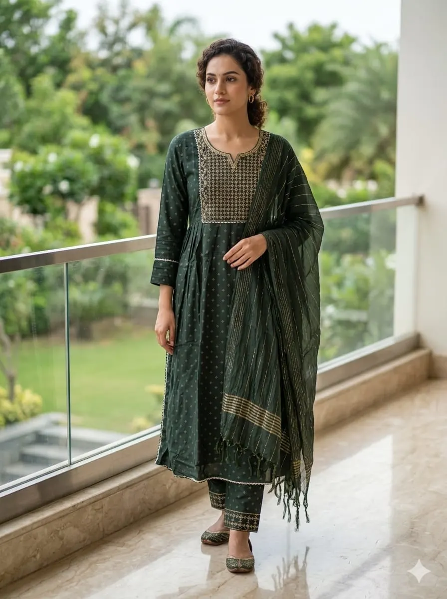 Emerald Heritage: Zari Embroidered Anarkali Set with Striped Dupatta