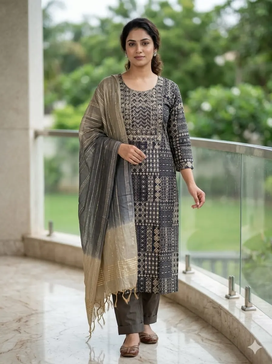 Charcoal Heritage: Geometric Block Print Kurti Set with Zari Striped Dupatta