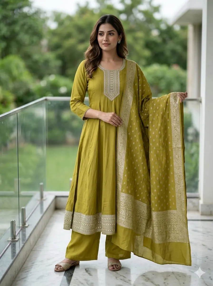 Olive Splendor: Zari Embroidered Anarkali Palazzo Set with Banarasi Dupatta