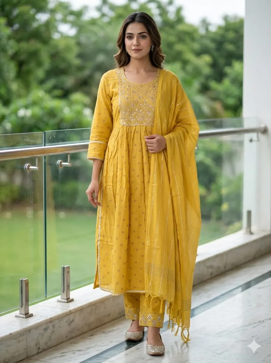 Mustard Radiance: Mirror Work Flared Kurta Set with Gota Patti Dupatta