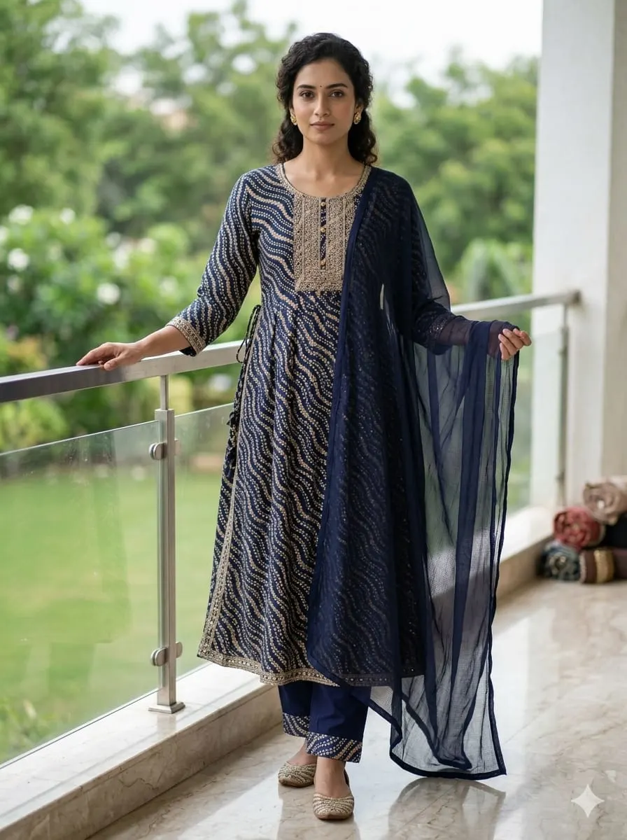 Nayantara Navy: Elegant Leheriya Print Anarkali Kurta Set with Dupatta