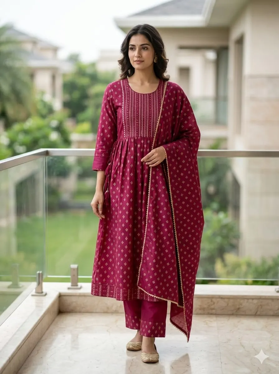 Meher Magenta: Gold Motif Flared Kurta Set with Dupatta