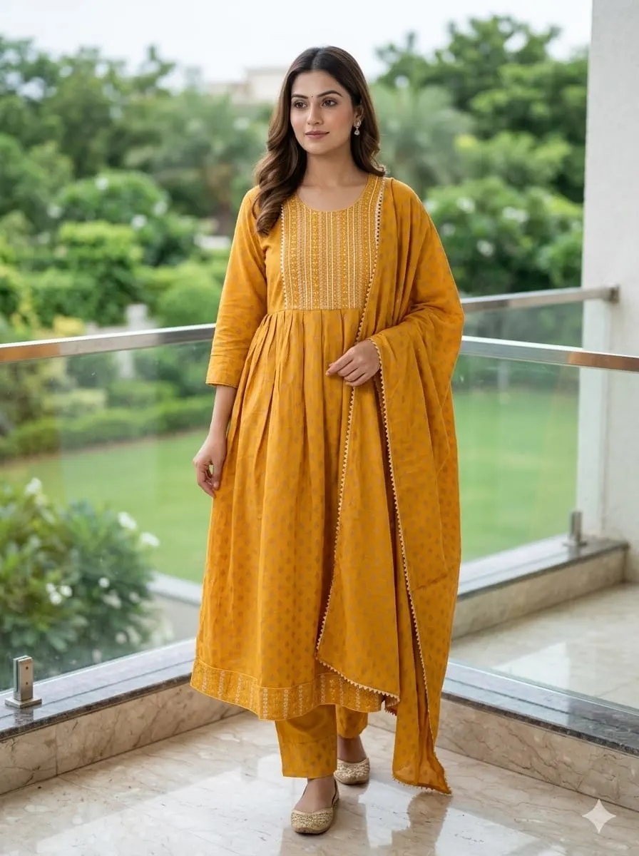 Aarohi Mustard: Embroidered Flared Kurta Set with Dupatta