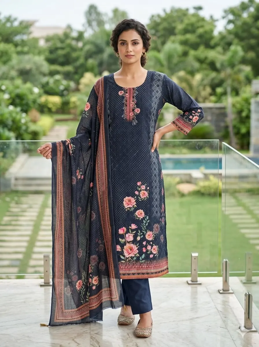 Inaya Navy: Floral Placement Print Straight Kurta Set with Dupatta
