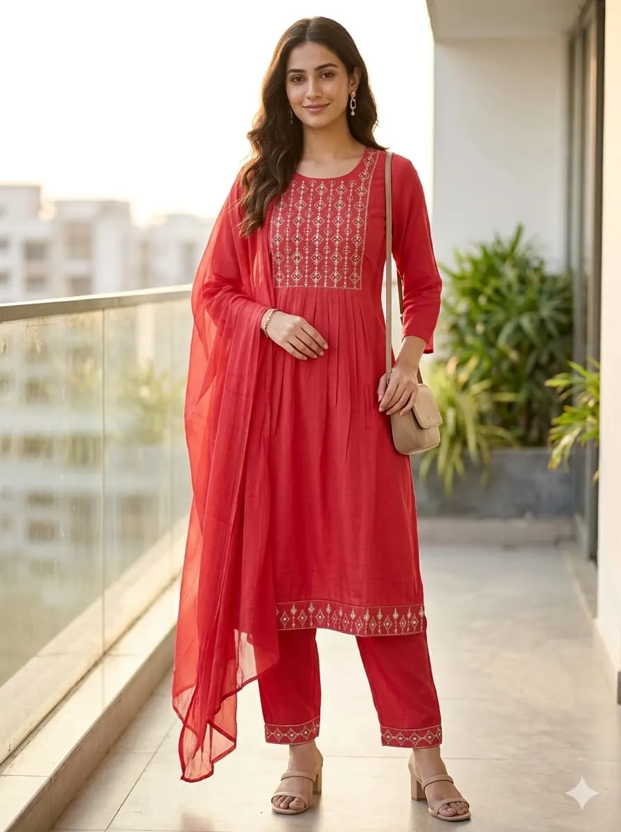 Sia Ruby Red: Geometric Embroidered Yoke Kurta & Pant Set with Dupatta