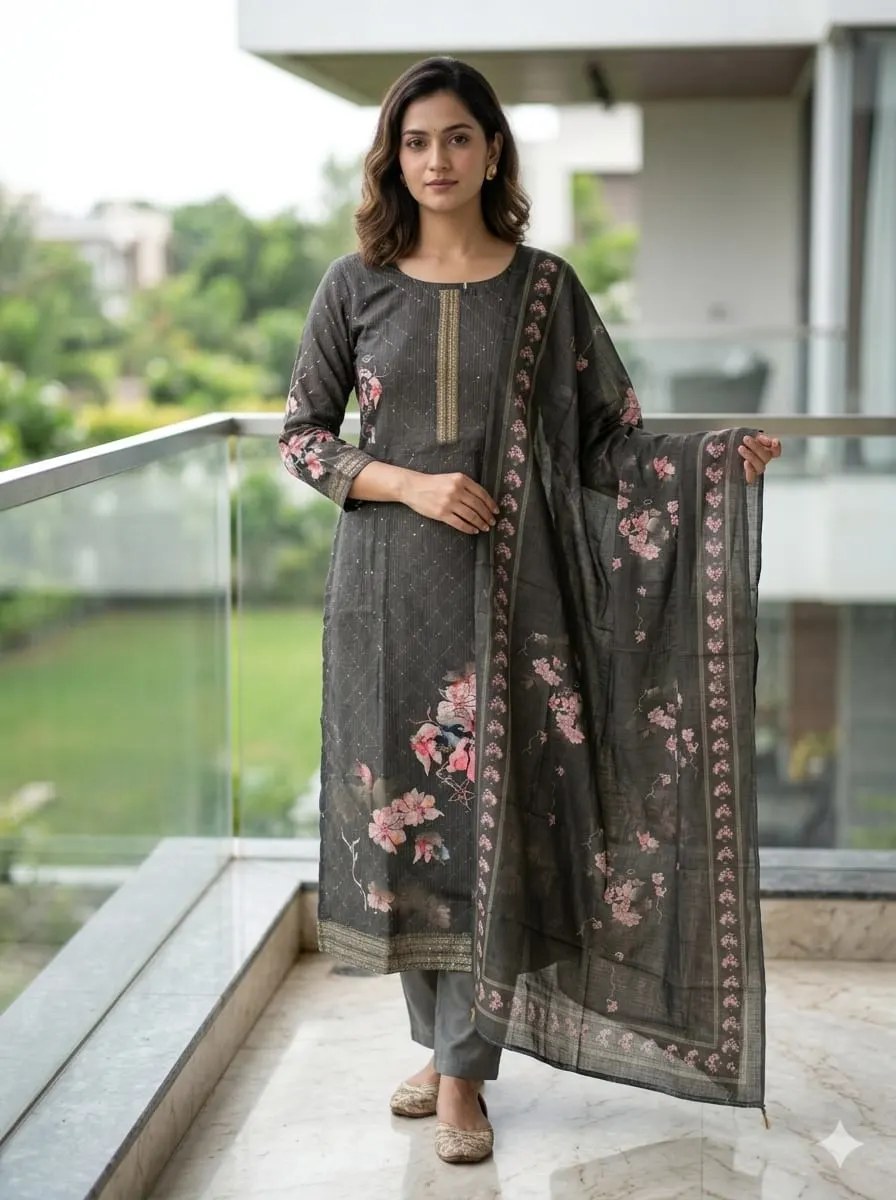 Tara Charcoal: Floral Placement Print Straight Kurta Set with Dupatta