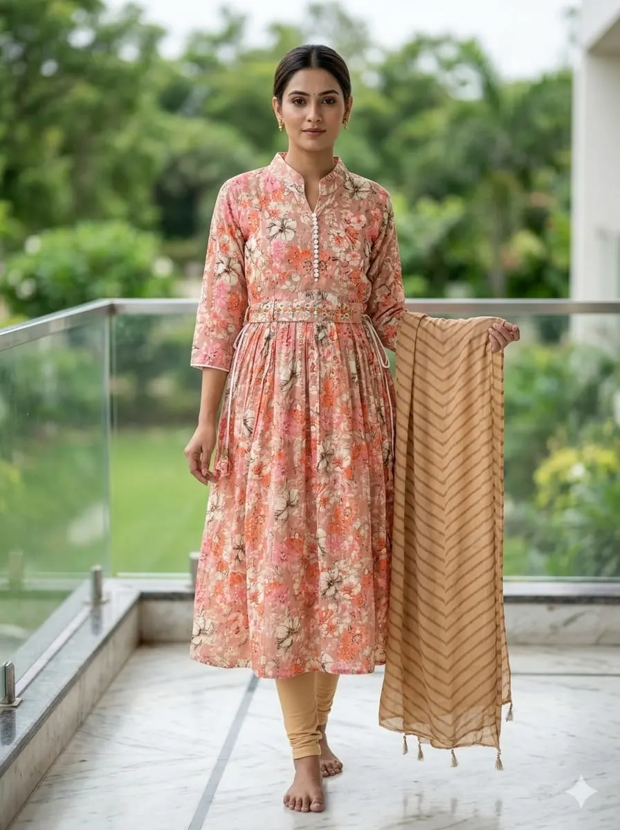 Rhea Peach: Floral Flared Kurta Set with Mandarin Collar & Chevron Dupatta